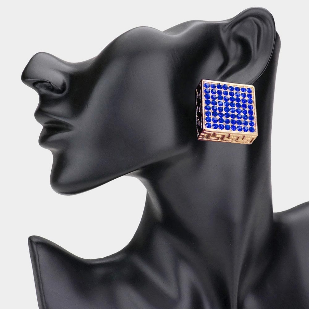 Sapphire Blue Gold Greek Key Patterned Rhinestone Crystal Square Stud Earrings